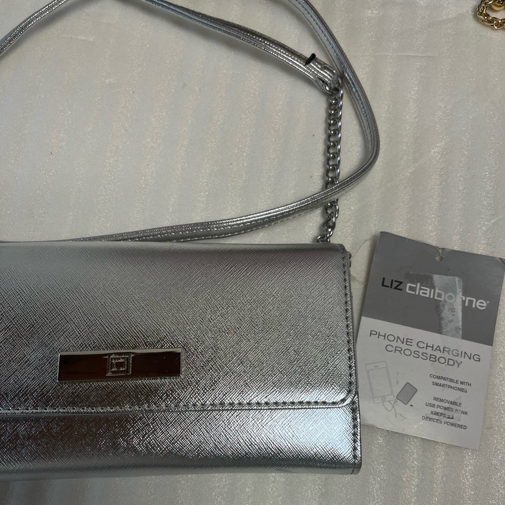 Phone Charger Purse NWT Liz Claiborne Phone charging purse Silver Crossbody Bag